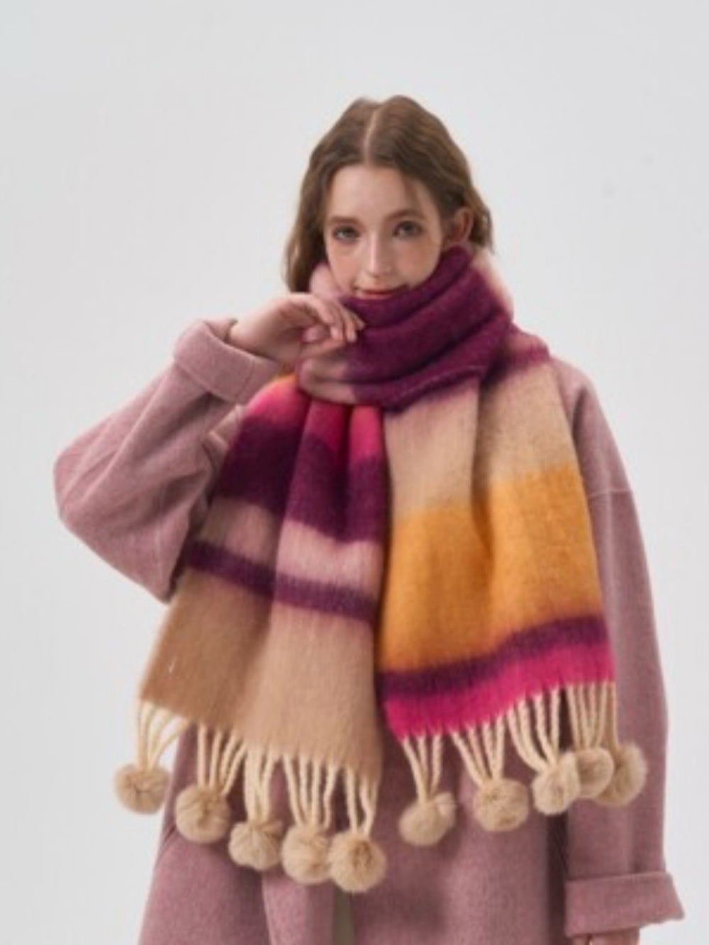Cozy oversized ombré Pom-Pom Scarf in Pink, Mustard, Beige NWT